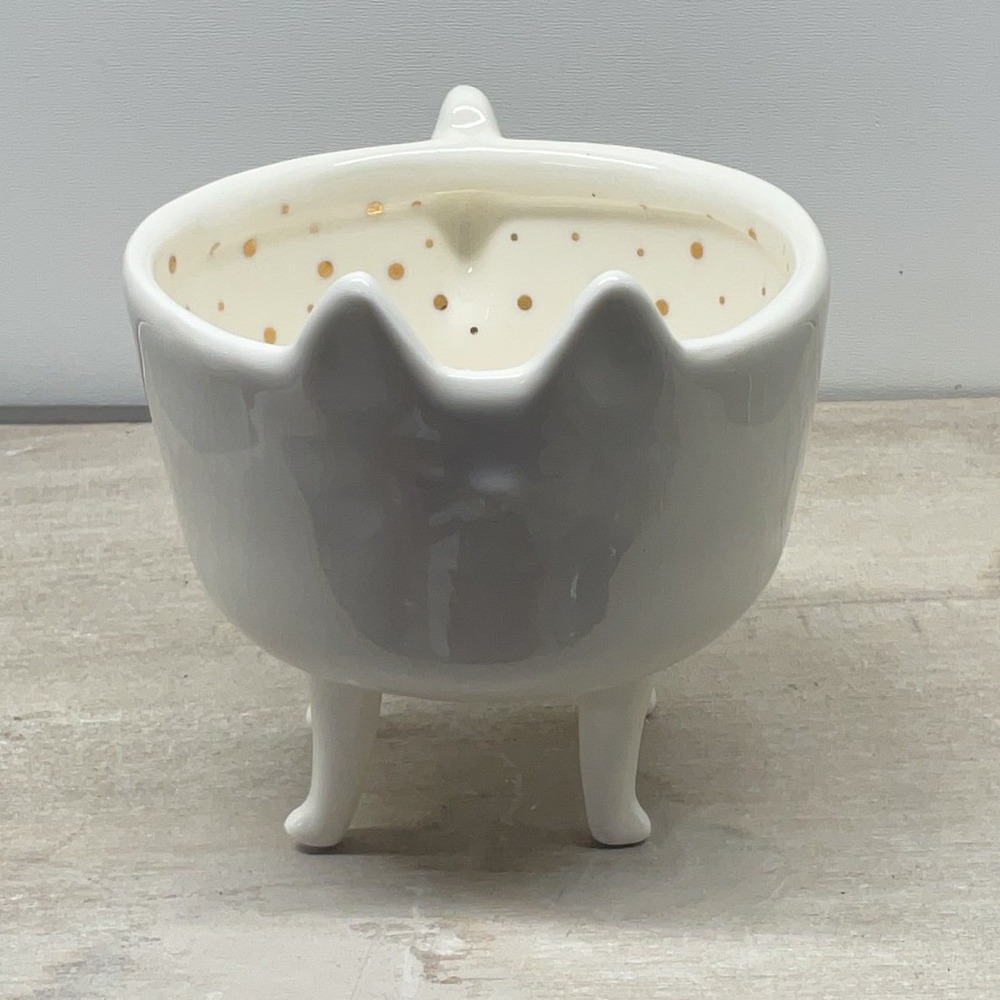 White Ceramic Cat Footed Trinket Bowl Gold Polka Dot Interior Minimalist Feline